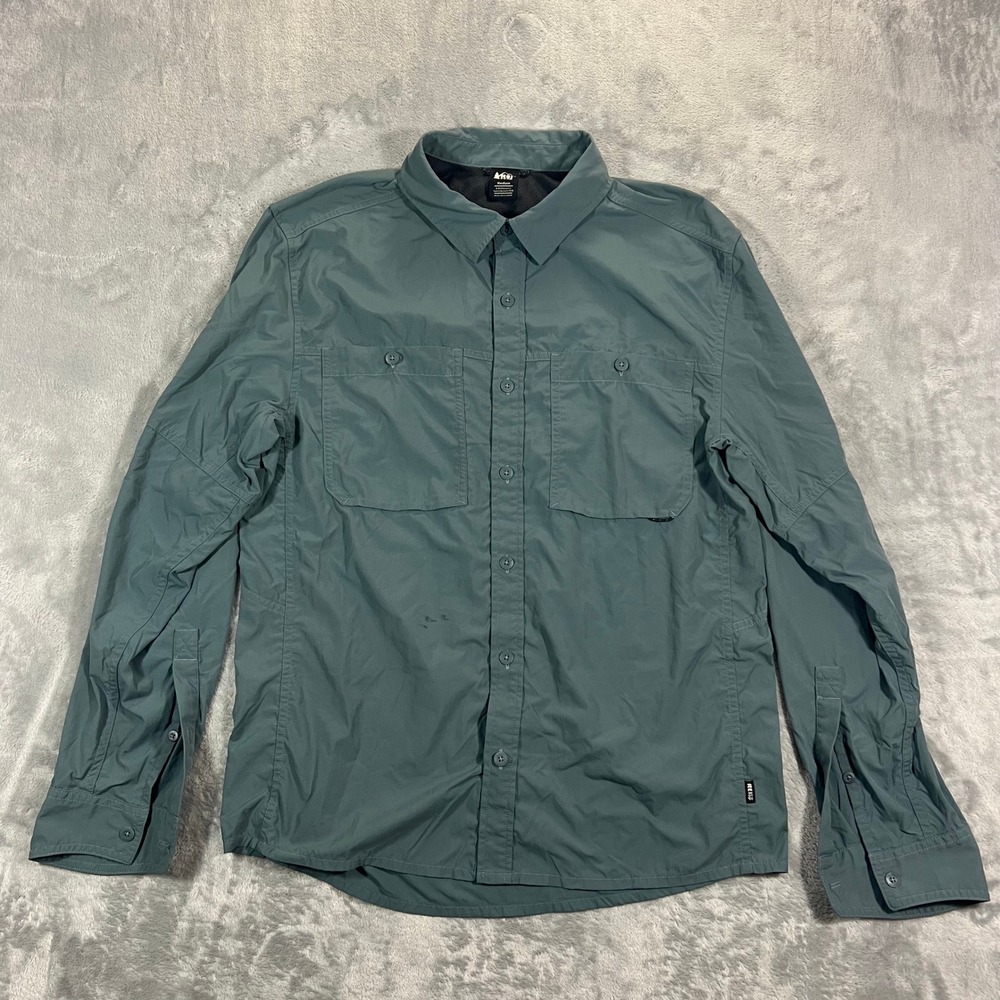 REI Co-op Sahara Outdoor Vented LS Button Shirt Mens Medium Green Slate Camping